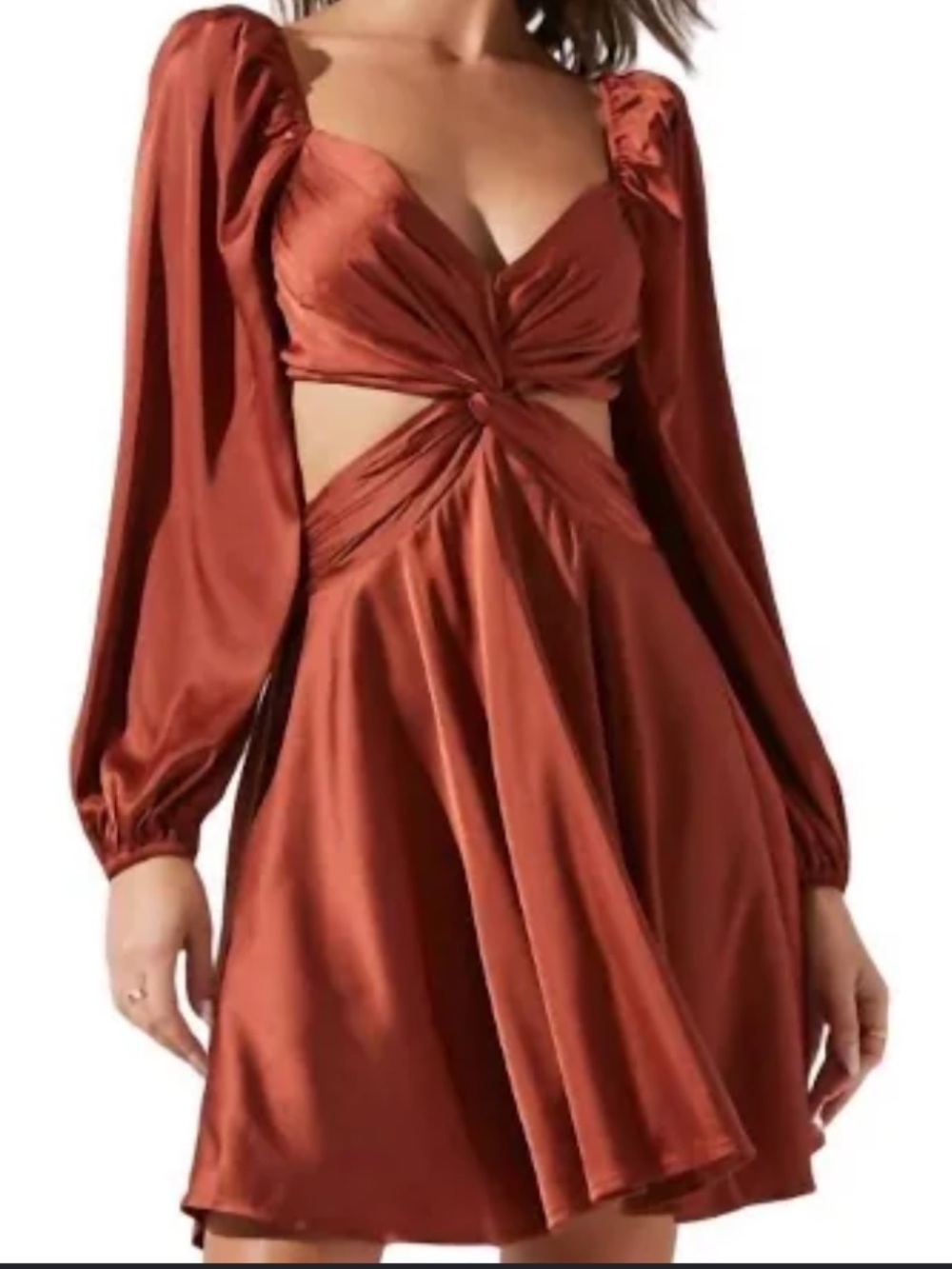 Astr Rust Cutout Mini Dress with Long Puff Sleeves